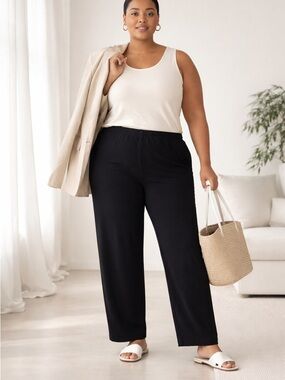 Eileen Fisher Woman Stretch Crepe Straight Pants Black 2X Pull On Office NWT